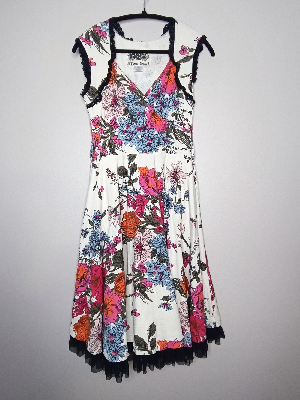 Effie's Heart Stargazing Midi Dress Floraison Floral Print Black Ruffle Trim M